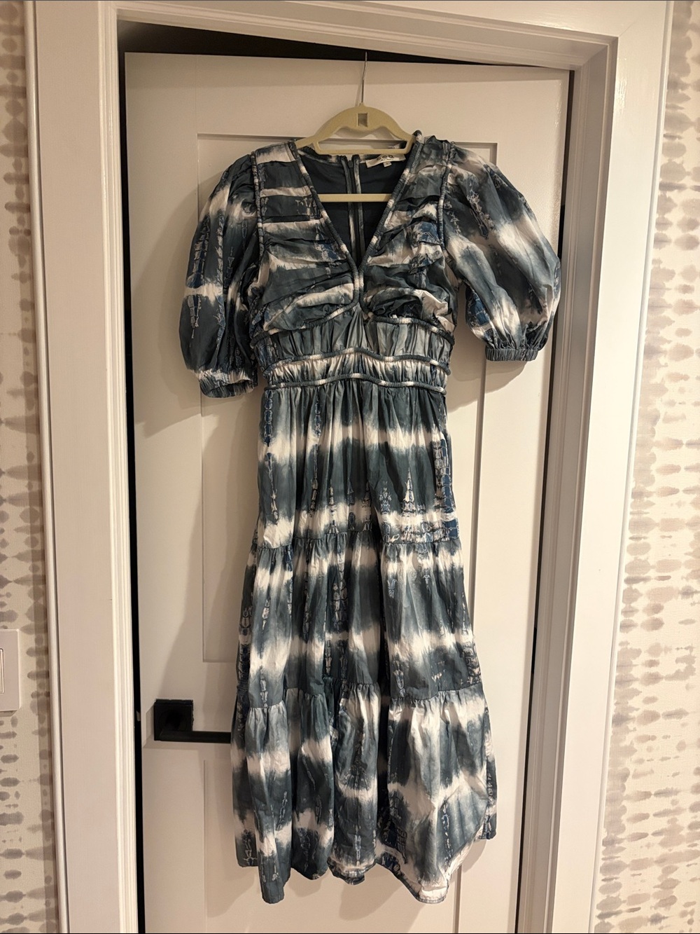 Sea New York Blue and White Tie-Dye Puff Sleeve Maxi Dress